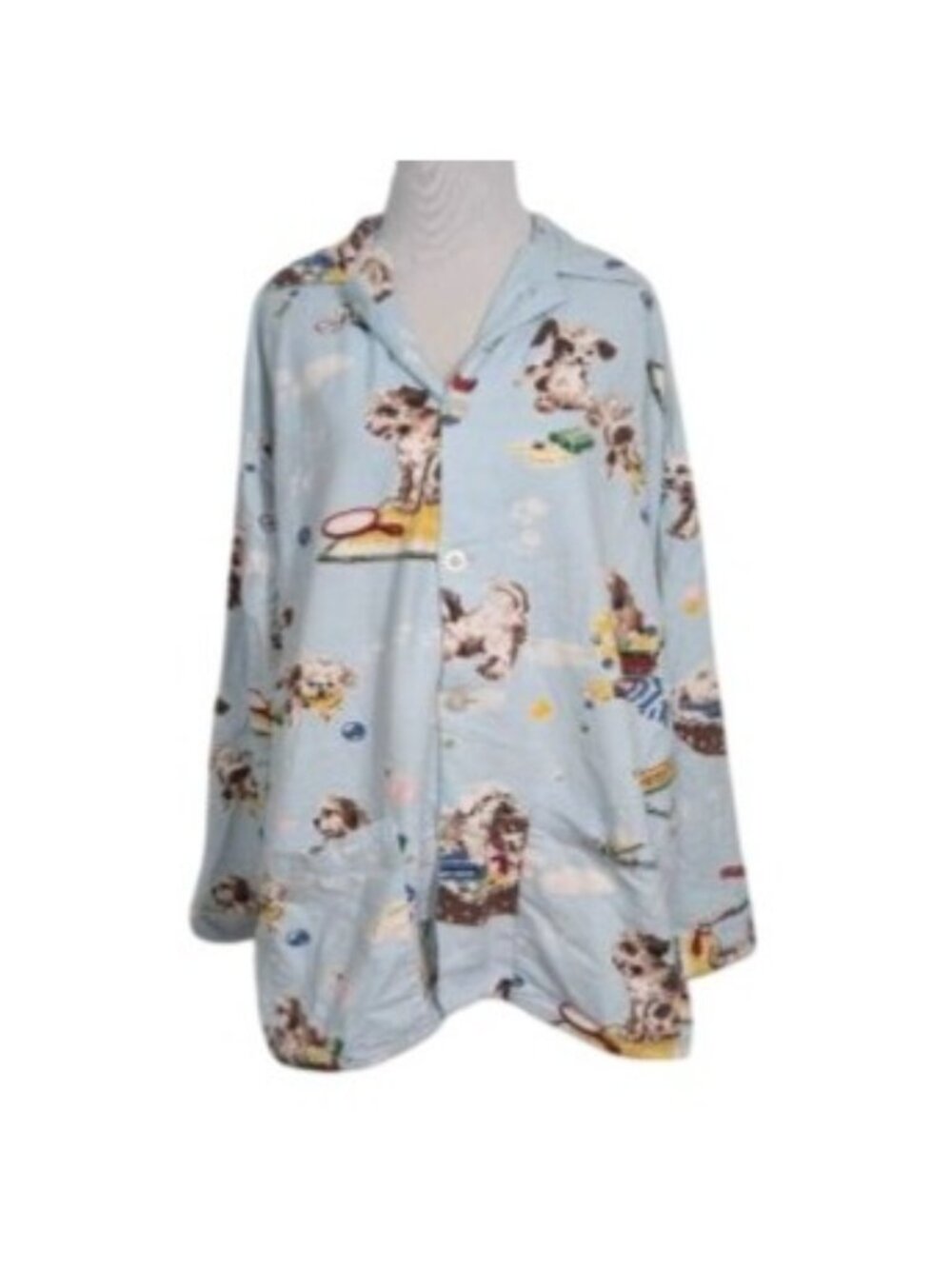 Nick & Nora Puppy Bath Pajama Top Womens Size XL Blue Vintage USA Whimsical